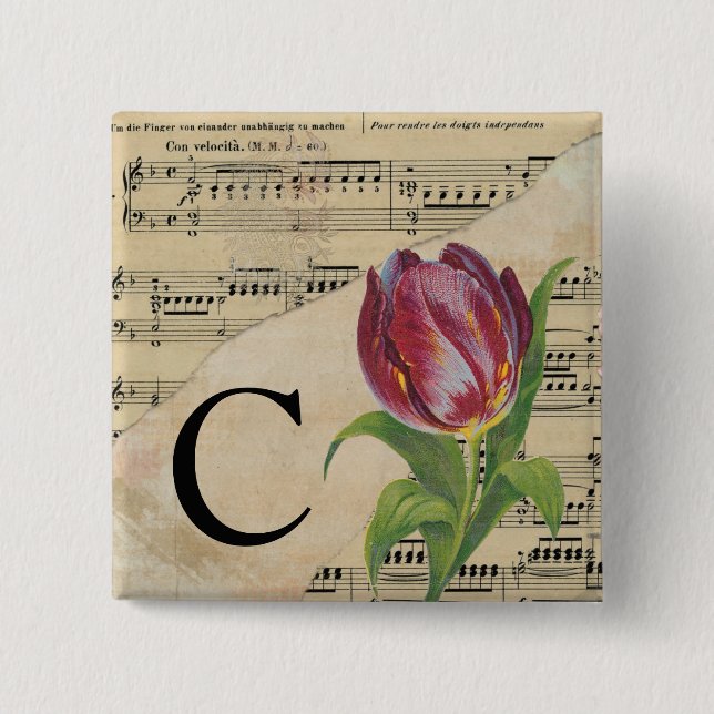 Badge Carré 5 Cm Tulipe violette Feuille de musique Monogramme init (Devant)