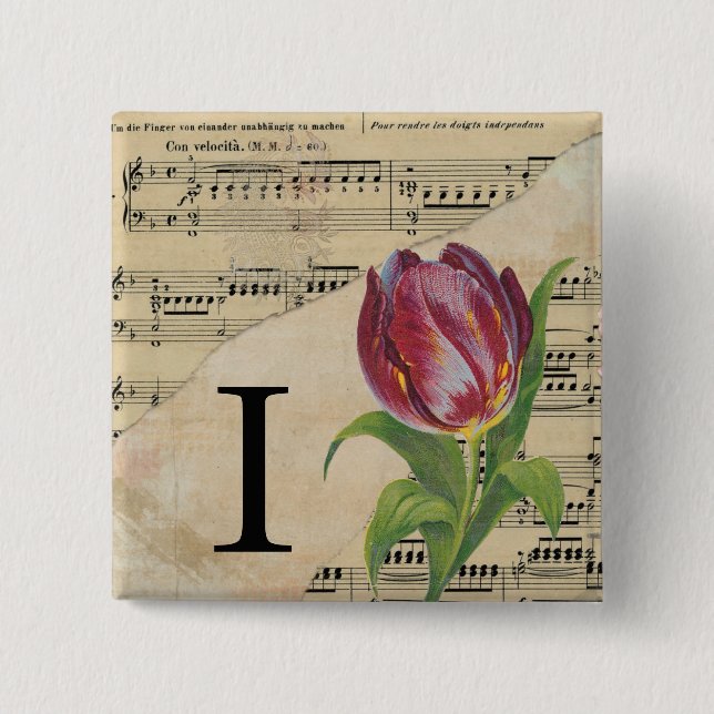 Badge Carré 5 Cm Tulipe violette feuille musique Monogramme initial (Devant)