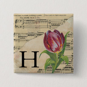 Badge Carré 5 Cm Tulipe violette feuille musique Monogramme initial