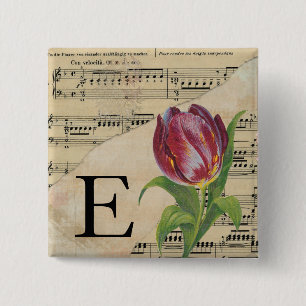 Badge Carré 5 Cm Tulipe violette feuille musique Monogramme initial