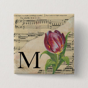 Badge Carré 5 Cm Tulipe violette Partition Monogramme initial M