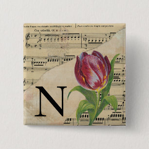 Badge Carré 5 Cm Tulipe violette Partition Monogramme initial N