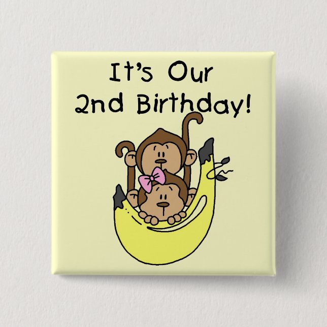 Badge Carré 5 Cm Twins Monkey Boy and Girl 2e anniversaire (Devant)
