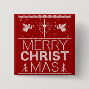 Badge Carré 5 Cm Ugly Merry CHRISTmas Sweater Religious Red White