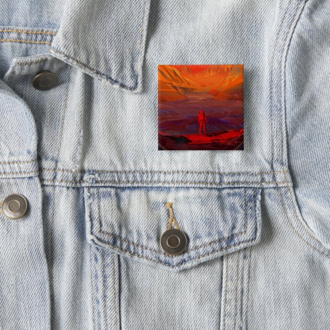 Badge Carré 5 Cm Un Astronaute Sur Mars (En situation)