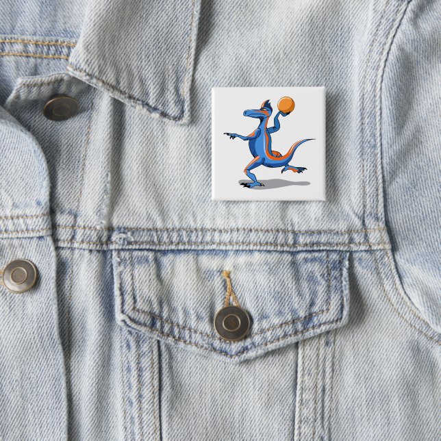Badge Carré 5 Cm Un Dessin Iguanodon Jouant Au Basket-Ball. (En situation)
