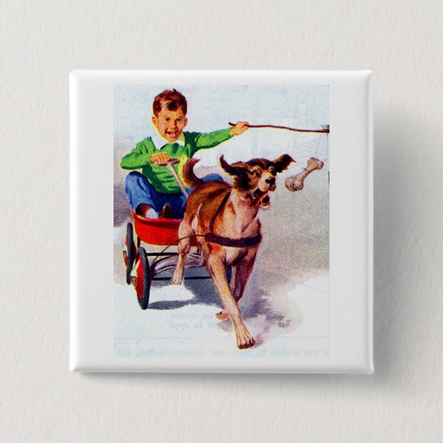 Badge Carré 5 Cm Un garçon et sa charrue à chien (Devant)