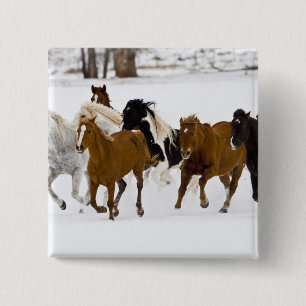 Badge Carré 5 Cm Un paysage hivernal de chevaux au galop