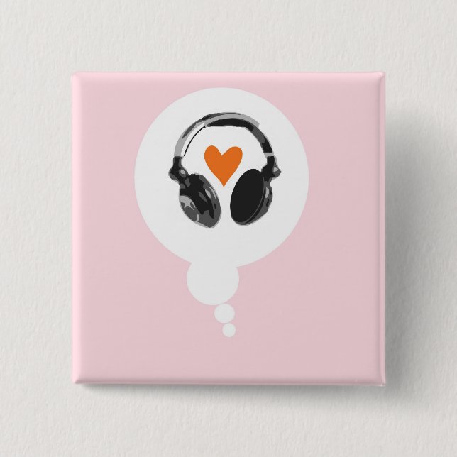 Badge Carré 5 Cm Une bulle de pensée avec coeur et casque (Devant)