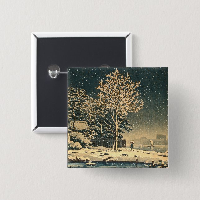 Badge Carré 5 Cm Une journée d'hiver sur la rivière Sumida au Japon (Devant & derrière)
