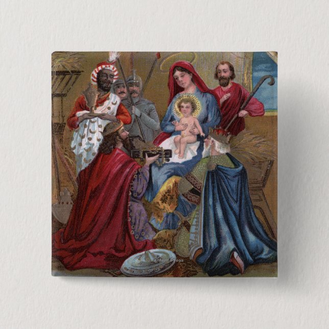 Badge Carré 5 Cm Une joyeuse scène de NoëlNativité (Devant)