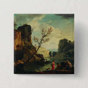 Badge Carré 5 Cm Une rivière avec des pêcheurs par Joseph Vernet
