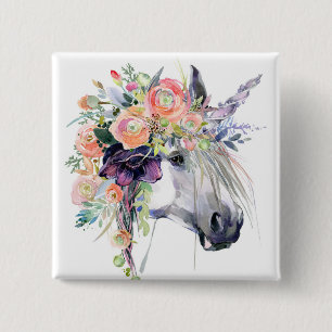 Badge Carré 5 Cm Unicorne en fleurs