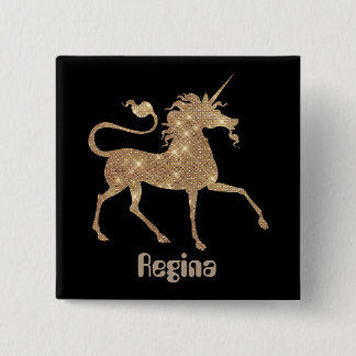 Badge Carré 5 Cm Unicorne magique d'or ajouter un bouton de nom