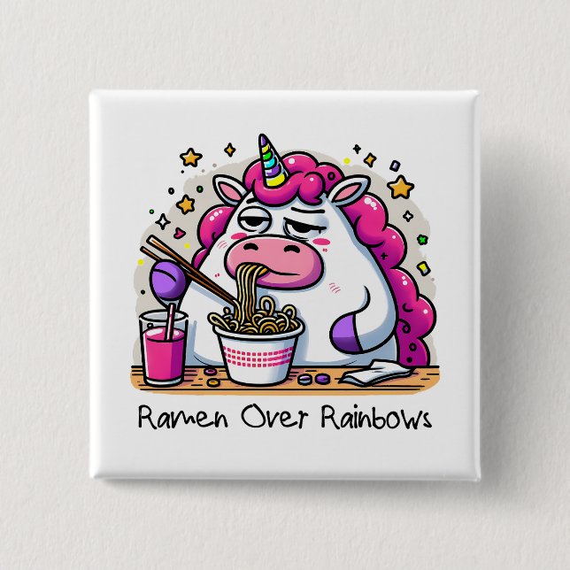 Badge Carré 5 Cm Unicorne Manger Ramen (Devant)