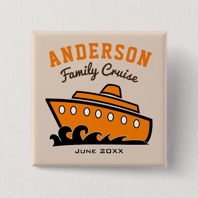 Badge Carré 5 Cm Vacances en croisière en famille avec nom personna (Devant)
