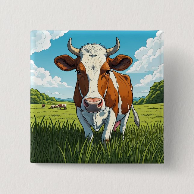 Badge Carré 5 Cm Vache brune et blanche debout dans un champ d'herb (Devant)