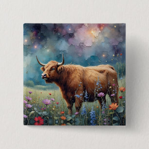 Badge Carré 5 Cm Vache des Highlands dans une tapisserie florale co