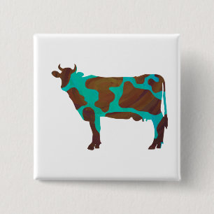 Badge Carré 5 Cm Vache Silhouette Brown et Turquoise
