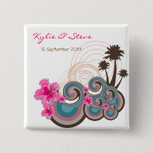 Badge Carré 5 Cm Vagues tropicales Hibiscus rose Destination Mariag
