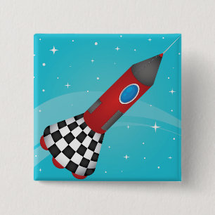 Badge Carré 5 Cm Vaisseau Fusée Rouge Rétro dans l'Espace Galactiqu