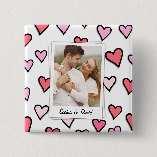 Badge Carré 5 Cm Valentine Couple Photo personnalisée Monogramme Fo (Devant)