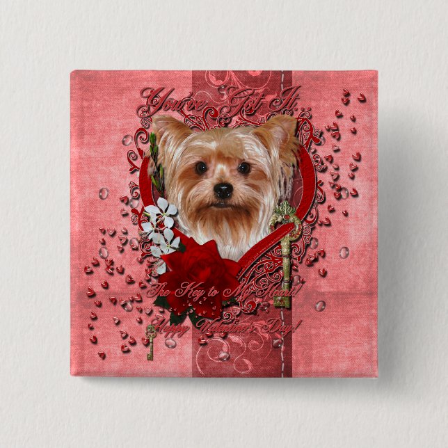 Badge Carré 5 Cm Valentines - clé à mon coeur - Yorkshire Terrier (Devant)
