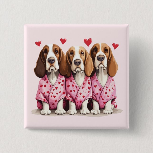 Badge Carré 5 Cm Valentines Day Basset Hound Dogs (Devant)