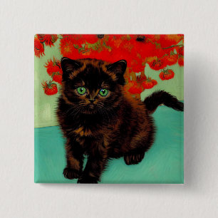 Badge Carré 5 Cm Van Gogh Chat noir Fleurs rouges