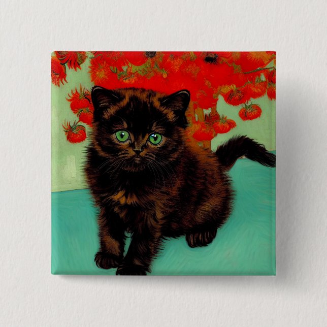 Badge Carré 5 Cm Van Gogh Chat noir Fleurs rouges (Devant)