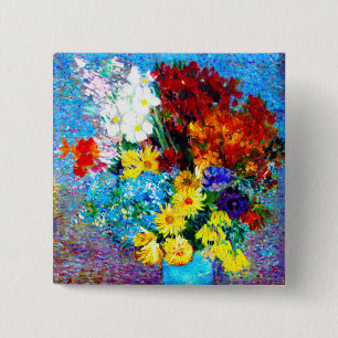 Badge Carré 5 Cm Van Gogh Flowers dans un Vase Bleu