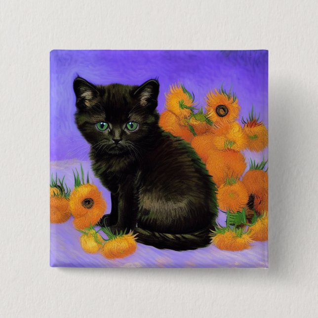 Badge Carré 5 Cm Van Gogh Kitten noir avec des tournesols (Devant)