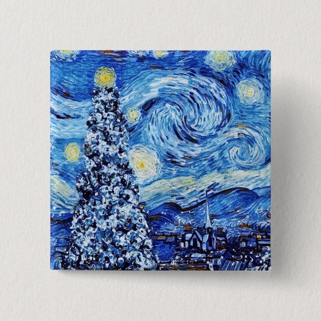 Badge Carré 5 Cm Van Gogh - La nuit étoilée - Noël blanc (Devant)
