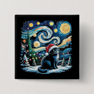Badge Carré 5 Cm Van Gogh Nuit Étoilée Festive Noël Chat Noir