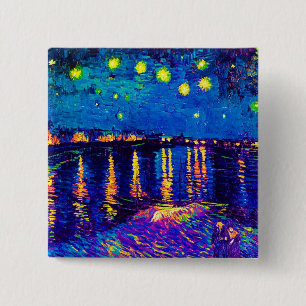 Badge Carré 5 Cm Van Gogh - Nuit étoilée sur le Rhône Pop Art