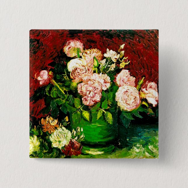 Badge Carré 5 Cm Van Gogh Peonies et Roses (Devant)