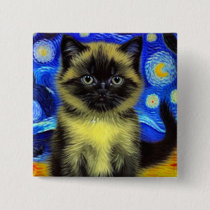 Badge Carré 5 Cm Van Gogh Starry Nuit Siamese Cat