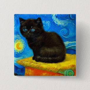 Badge Carré 5 Cm Van Gogh Style Starry Night Cat
