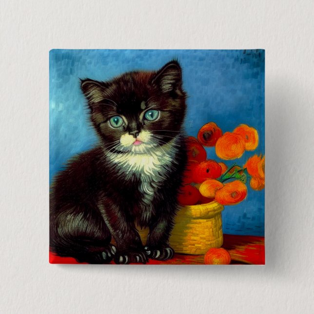 Badge Carré 5 Cm Van Gogh Tuxedo Cat (Devant)