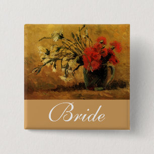 Badge Carré 5 Cm vase avec oeillets rouges et blancs, van Gogh