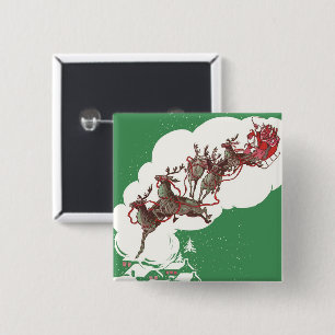 Badge Carré 5 Cm Veille de Noël vintage, Père Noël rétro en traînea