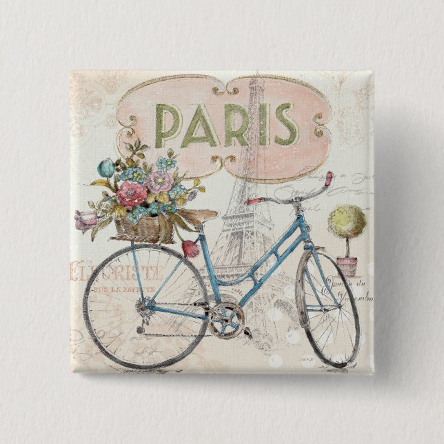 Badge Carré 5 Cm Vélo de Paris avec des fleurs (Devant)