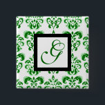 BADGE CARRÉ 5 CM VERT BLANC DOMMASK CARRÉ NOIR MONOGRAM<br><div class="desc">Design élégant et classe de damas par Bulgan Lumini (c).</div>