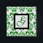 BADGE CARRÉ 5 CM VERT BLANC DOMMASK CARRÉ NOIR MONOGRAM<br><div class="desc">Design élégant et classe de damas par Bulgan Lumini (c).</div>