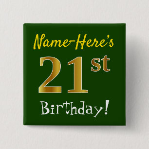 Badge Carré 5 Cm Vert, Faux Gold 21ème Anniversaire, Avec Nom Perso