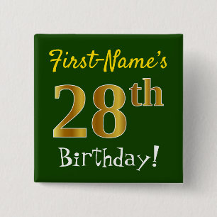 Badge Carré 5 Cm Vert, Faux Gold 28e anniversaire, avec nom personn