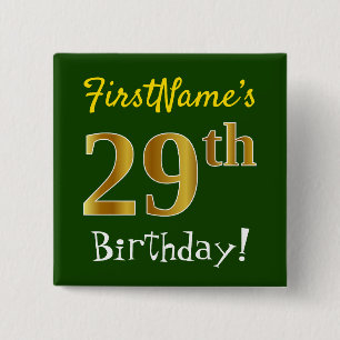 Badge Carré 5 Cm Vert, Faux Gold 29e anniversaire, avec nom personn