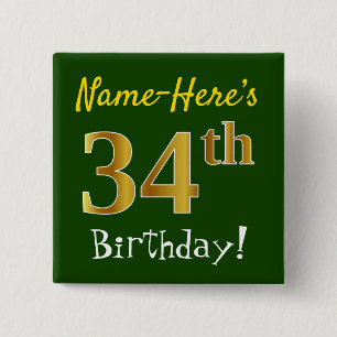 Badge Carré 5 Cm Vert, Faux Gold 34e anniversaire, avec nom personn