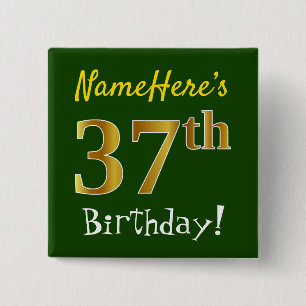 Badge Carré 5 Cm Vert, Faux Gold 37e anniversaire, avec nom personn
