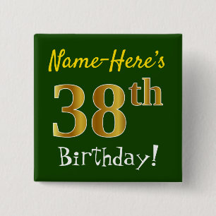 Badge Carré 5 Cm Vert, Faux Gold 38e anniversaire, avec nom personn